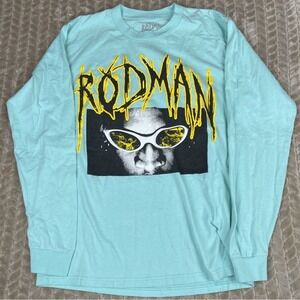 Rodman Brand Shirt Mens Medium Teal Worm Big Head Graphic Spellout Long‎ Sleeve
